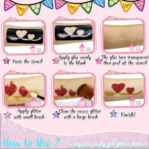 TEUVO Glitter Tattoo Kit for Kids, 50 Glitter Colors, 199 Stencils, 2 Gem Stickers, 4 Glue, 5 Brushes Body Face Arts Glitter Makeup Temporary Tattoos for Girls Halloween Christmas Birthday Party Gifts