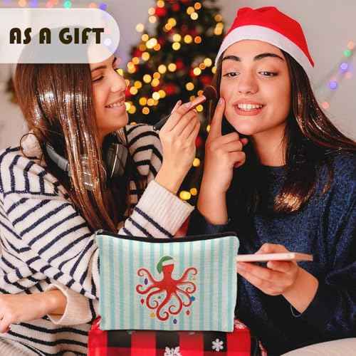 Beach Christmas Octopus Makeup Bag, Octopus Gifts for Women, Coastal Beachy Christmas Cosmetic Bags for Women, Xmas Ocean Sea Animal Striped Zipper Makeup Pouch Travel Toiletry Bag