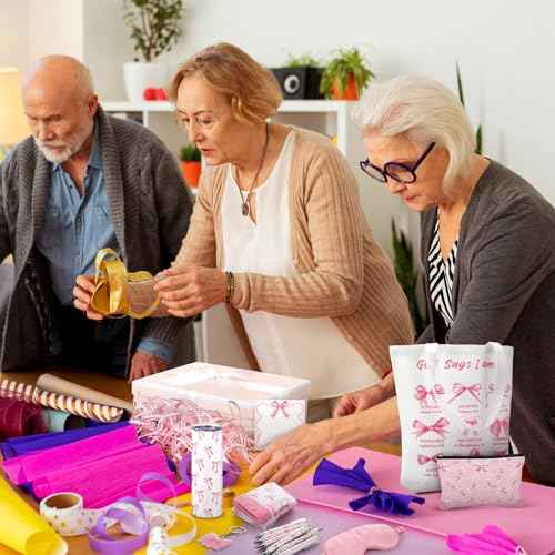 Sieral 14 Pcs Christmas Coquette Pink Bow Gift Set for Santa Women Include Pink Bow Tote Bag 20oz Stainless Steel Cup Socks Gel Ink Pens Sticky Keychain Eye Mask for Gifts