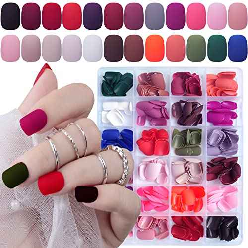 LoveOurHome 576pc Round Square Press on Nails Short Fake Nails Matte Acrylic Nails Press ons Nail XS Short Sqroval False Nails Kit Presson Artificial Fingernails for Women Girls Kids