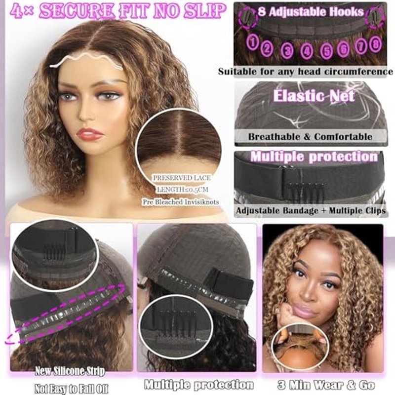 Ombre Highlight Glueless Wigs Human Hair Pre Plucked Pre Cut Curly Closure Wear and Go Glueless Wigs Human Hair Middle Part Balayage Water Wave Lace Frontal Human Hair Wigs for Black Women 4/27 18Inch