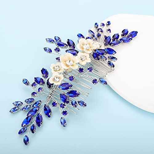Bridal White Flower Blue Crystal Rhinestone Hair Comb for Bride Bridesmaid Sliding side Headpieces Wedding Hair Accessories for Women and Girls (Blue)