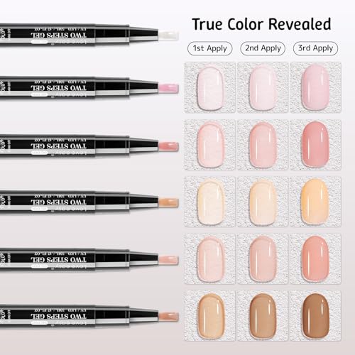 2 Step Nail Polish Pens Set, 6 Pcs Nude Natural Color Builder Base 1 Piece Top Coat Fingernail Toenail Gel Series for Women, Hema Free High Gloss Long Last Portable Ideal Gift (U V Needed)