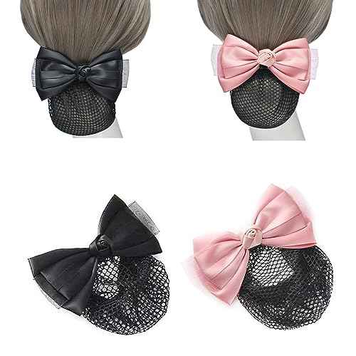 2pcs Hair Snood Net Barrettes with Bowknot Hair Clips with Thin Mesh Bun Cover for Women Ladies (Pink+Black)