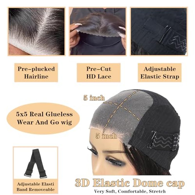 Wear and Go Glueless Wigs Human Hair Pre Plucked Pre Cut 5x5 HD Closure Wigs Human Hair Deep Wave Lace Front Wigs for Black Women 210% Dentisy 12A Deep Curly Glueless Wig Bleached Knots (22 Inch)