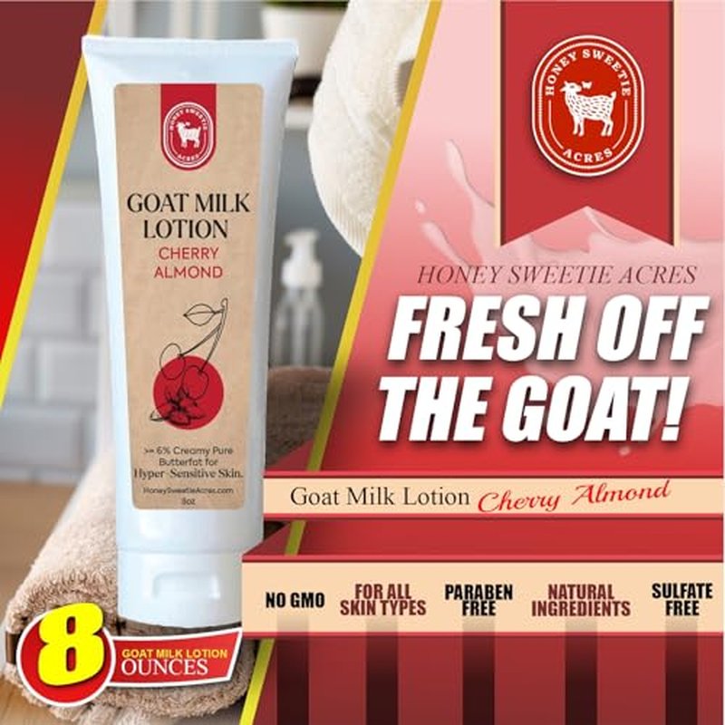 Honey Sweetie Acres Fresh Off The Goat All-Natural Goat Milk 8 oz Cherry Almond Body Lotion is a cruelty-free, handmade lotion that hydrates and moisturizes - Made in the USA