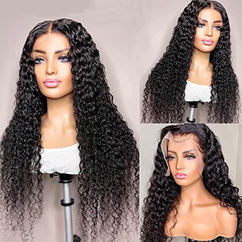 13x6 HD Transparent Lace Front Wigs Human Hair 180 Density Curly Lace Front Wigs Water Wave Wigs for Women Wet and Wavy Human Hair Wig Pre Plucked with Baby hair Natural Color (22 Inch)