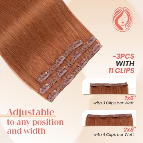 Elailite Clip in Hair Extensions Real Human Hair 3PCS Lace Weft Remy Hairpieces for Women 22 Inch 86g Dark Auburn