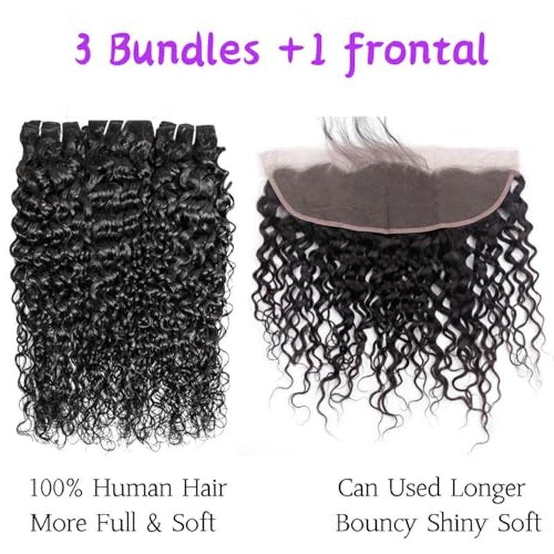 12A Human Hair Bundles With Closure Frontal (18 20 22 +16£¬Free Part) Water Wave 3 Bundles with 13x4 HD Lace Frontal Wet and Wavy 100% Brazilian Virgin Curly Human Hair for Women