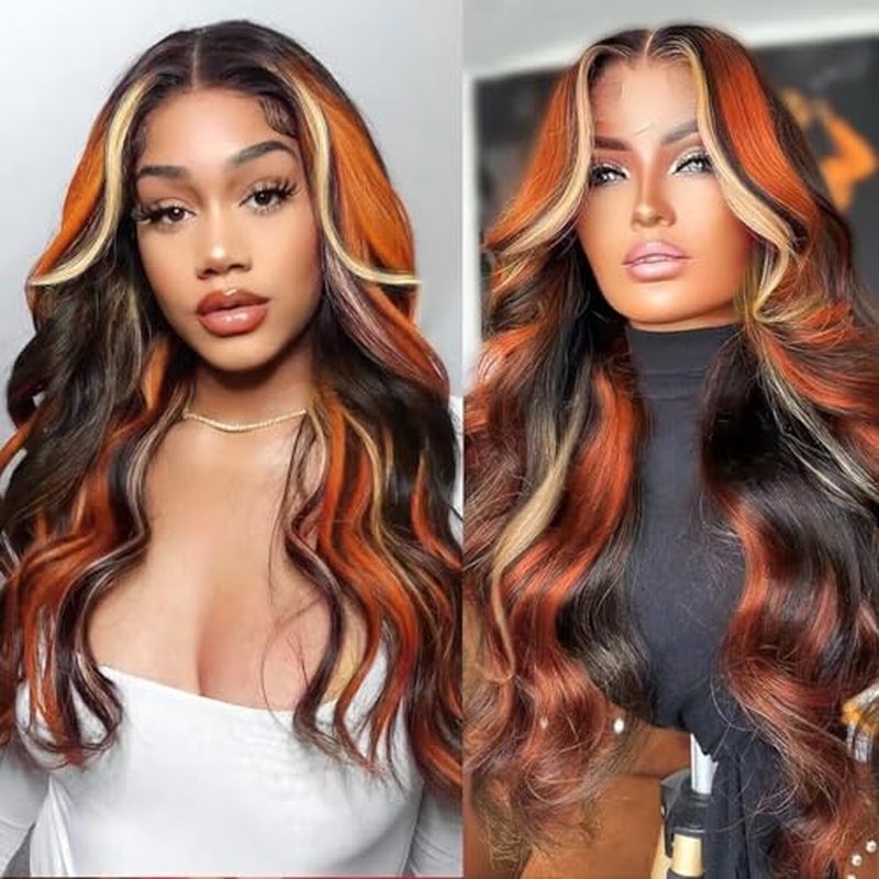 Black Ginger Blonde Highlight Wig Human Hair 13x4 Transparent Lace Front Skunk Stripe Wig Body Wave Glueless Pre Plucked Bleached Knots Lace Frontal Wig Black Honey Blonde Ginger Highlight Wig 20 Inch