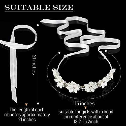 Syhood 2 Pieces Girl Elegant Headband Flower Headpiece White Flower Headband with Ribbon and Rhinestones Cute Bridal Wedding headband for Girl Party Hair Accessories