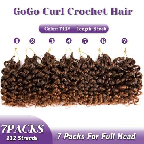 MYQUEEN GoGo Curl Crochet Hair Ombre Brown Curly Braids for Women 8 Inch 7 Packs Short Beach Ocean Deep Twist Synthetic Extensions T30#
