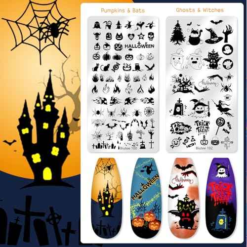 Biutee Nail Stamping Plate 16Pcs Nail Stamper Kit 12Pcs Nail Art Stamp Plates with Silicone Stamper, Scraper & Storage Bag, Stamping Plates Star Plaid Flower Butterfly Template Halloween Design Gift