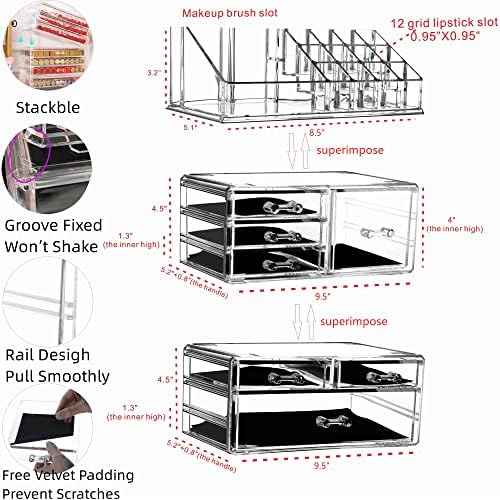 Clear Acrylic Makeup Organizer for Vanity,Countertop,Stackable 7 Drawers Bathroom Skincare Organizer with Brush Holder,Large Skin Care Organizer for Jewelry,Beauty Product Lipsticks,Nail Polishes