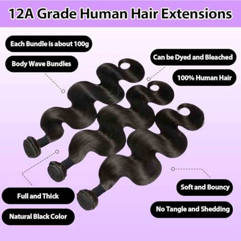 12A Body Wave Bundles Human Hair 22 24 26 Inch Human Hair Bundles 100% Unprocessed Brazilian Virgin Weave 3 Bundles Deals for Women Quick Weave Wet and Wavy Thick and Full Hair Real Natural Black