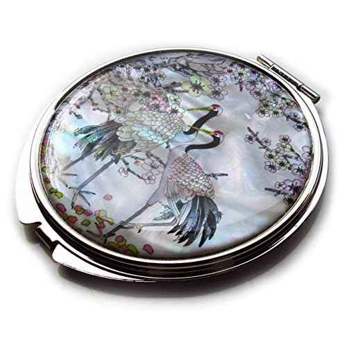 MADDesign Mother of Pearl Compact Mirror Round Double Sided Folding Magnify Crane Apricot Tree Design