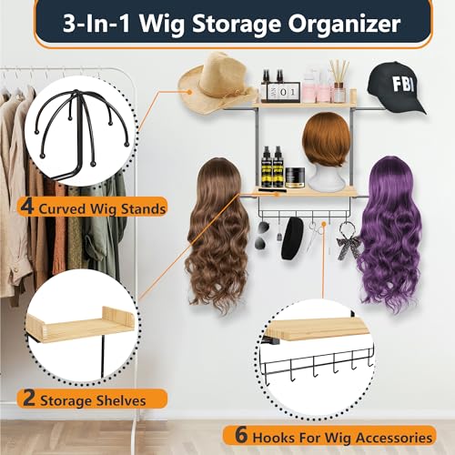 Hanging Wig Organizer with 6 Hooks, Wall Mounted Wig Stand and Wooden Storage Shelf