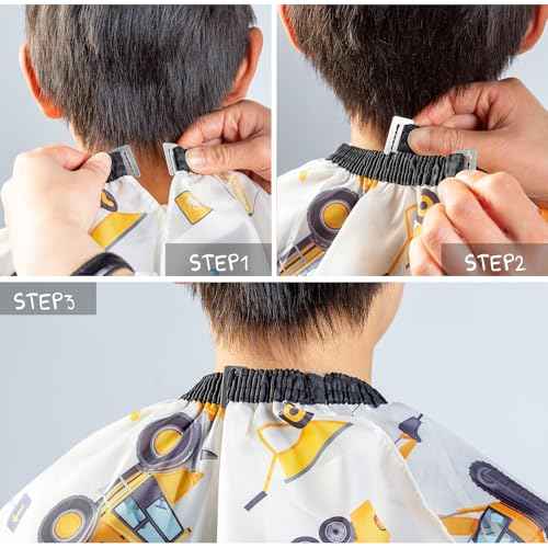 Gealaek Kids Haircut Cape and Neck Duster Brush Set with Construction Site Pattern Kids Barber Cape 55x40 Inches for Boys & Girls Salon Cape Kit (White)