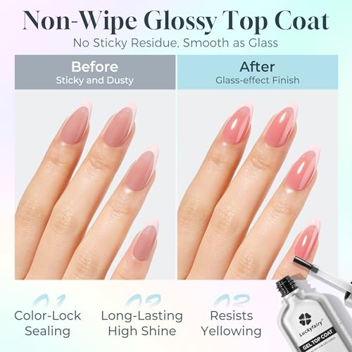 Gel Base and Top Coat Set: 15ml Rubber Base Coat, No Wipe Glassy Top Coat Gel Nail Polish, Acid-free Soak Off Combination for Nail Strengthener, Long Lasting Manicure DIY at Home Lamp Cure