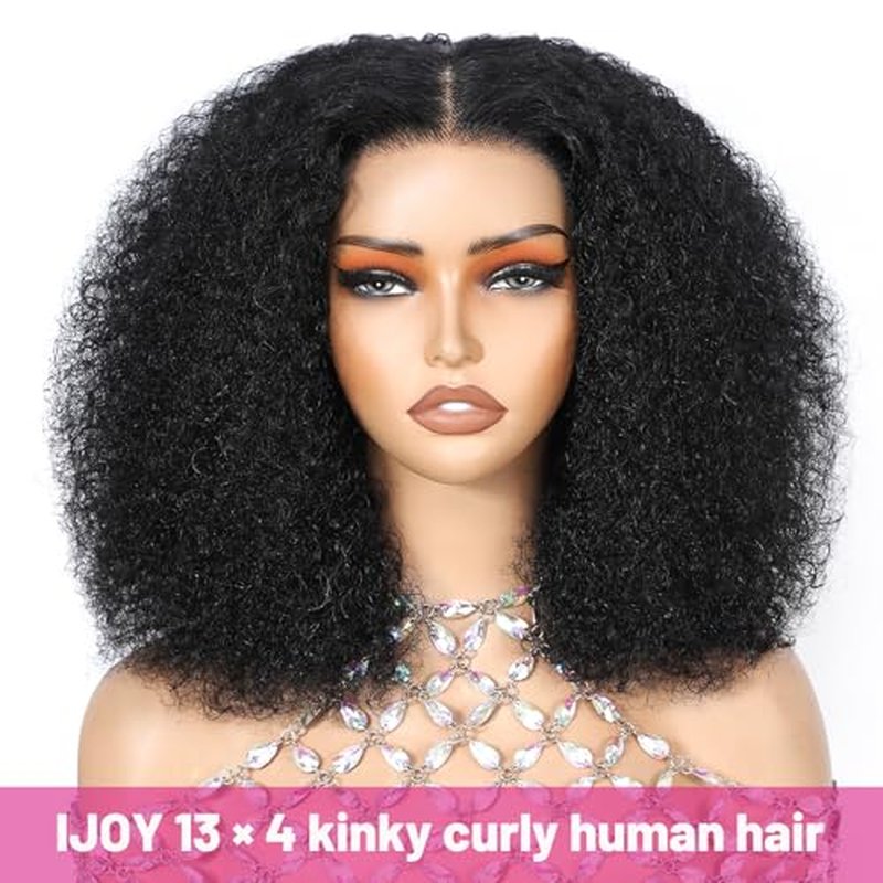 ijoy Natural Black Kinky Curly Wig Human Hair 16 Inch 13x4 Lace Front Wigs 180 Density, Full and Thick Afro Curly Wigs for Black Women Brazilian Virgin Hair Bob Frontal Wig Natural Black Afro kinky