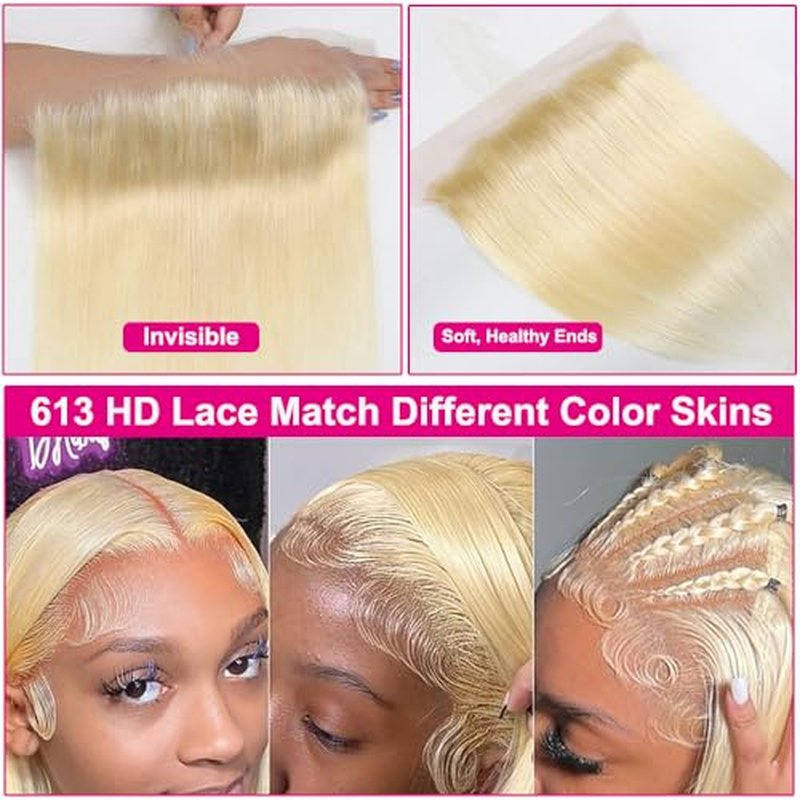 613 Frontal Straight 13x6 Transparent HD Lace Frontal Closure 12A Brazilian Virgin Remy Hair Free Part Ear to Ear Blonde Frontal Human Hair For Women Pre Plucked With Baby Hair 150% 18 Inch