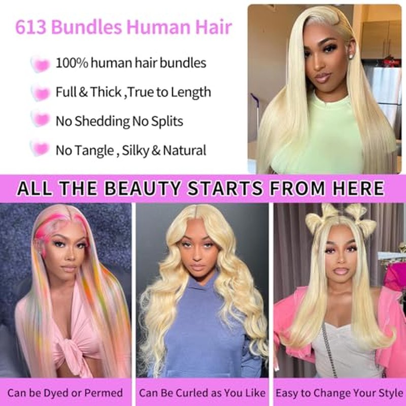 32 Inch 613 Bundles Human Hair Straight Blonde Human Hair Bundles 100% Unprocessed 12A Brazilian Virgin Hair Bundle 1 Blonde Bundle Human Hair for Women
