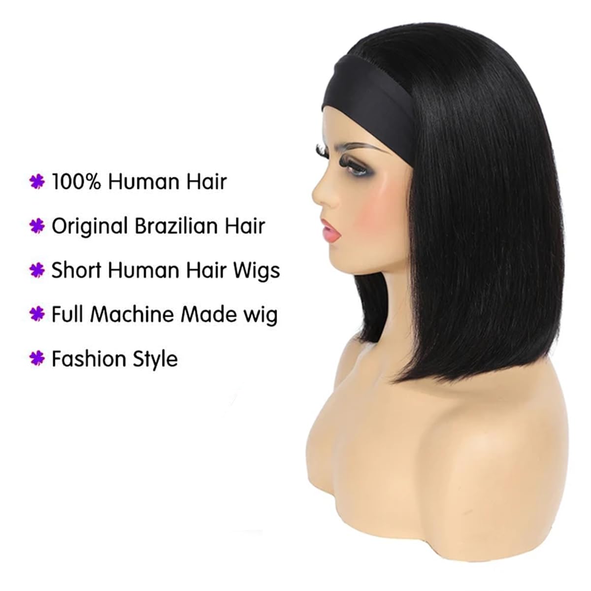 Kislemon Headband Bob Wig Human Hair Glueless Short Straight Bob Wigs Human Hair For Black Women 150% Density None Front Lace Brazilian Virgin Human Hair Wigs 8 Inch
