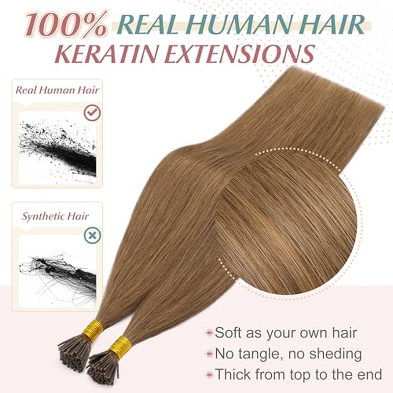 SEGO I Tip Hair Extensions Human Hair Keratin Pre Bonded MicroBeads Tip Balayage Natural Silky Straight Extensions 100 Strands 50g/Pack -18 Inch Light Brown
