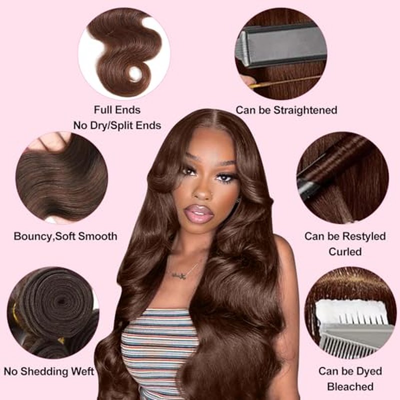 12A Chocolate Brown Human Hair Bundles Body Wave Bundles Human Hair 18 20 22 Inch 100% Unprocessed Brazilian Virgin Hair Body Wave 3 Bundles Deals Real Human Hair Extensions For Black Women