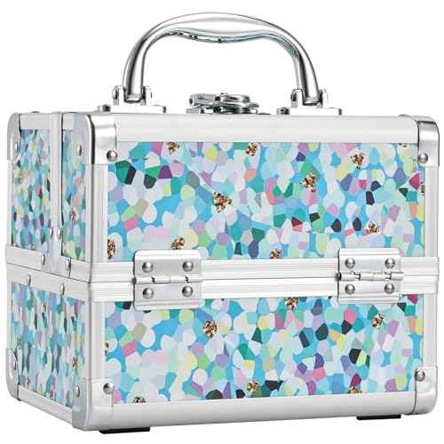 FRENESSA Makeup Case Train Case Portable Kids Makeup Box with Mirror Lock Box Travel Cosmetic Train Cases Hard Makeup Organizer for Girls Nail Craft Storage Vanity Mosaic Puzzle
