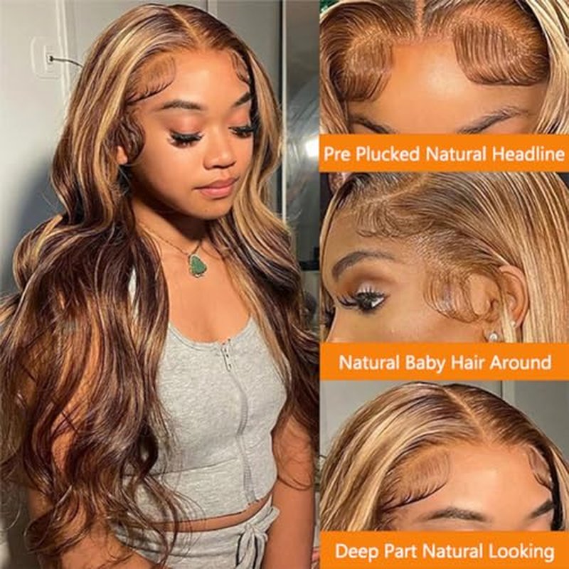Highlight Ombre Lace Front Wig Human Hair 13x4 HD Transparent 180% Density Body Wave Wigs Human Hair with Baby Hair Pre Plucked for Women 4/27 Honey Blonde Lace Frontal Colored Wigs (26Inch)