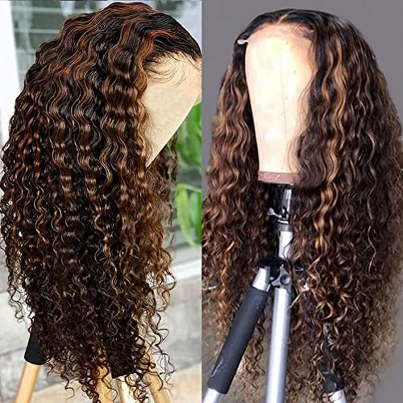 20 Inch Highlight Ombre Lace Front Wig Human Hair Pre Plucked 1B/30 Black Brown 13x4 HD Lace Frontal Wigs Human Hair Deep Wave Honey Blonde Wigs for Black Women 180% Density