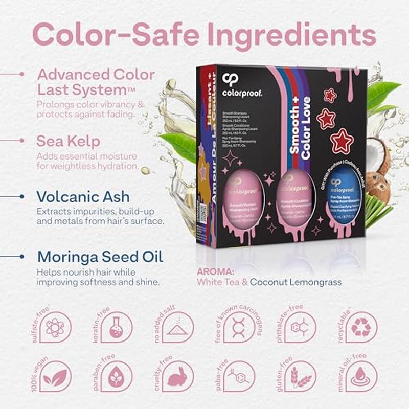 ColorProof Smooth Gift Set ? Smooth Shampoo and Conditioner (8.5 Fl. Oz.) with Pre-Tox Spray (6.7 Fl. Oz.) ? Color Safe Shampoo and Conditioner Set for Frizz-Prone, Color-Treated Hair