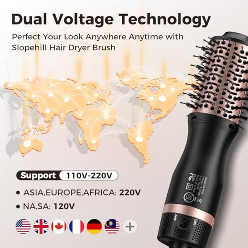 slopehill Mini Dual Voltage Hair Dryer Brush,1000 Watts Travel Hot Air Brush with European Plug, Ionic Hair Dryer and Styler for Women for Home & Salon, Oval Barrel 2 Heat & 2 Speed Settings