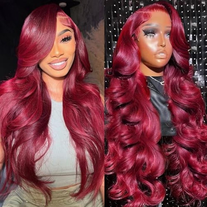 99j Burgundy Lace Front Wigs Human Hair 13x4 HD Transparent Body Wave Lace Front Wigs Human Hair Pre Plucked 180% Density Glueless Wine Red Human Hair Wigs for Women (28)