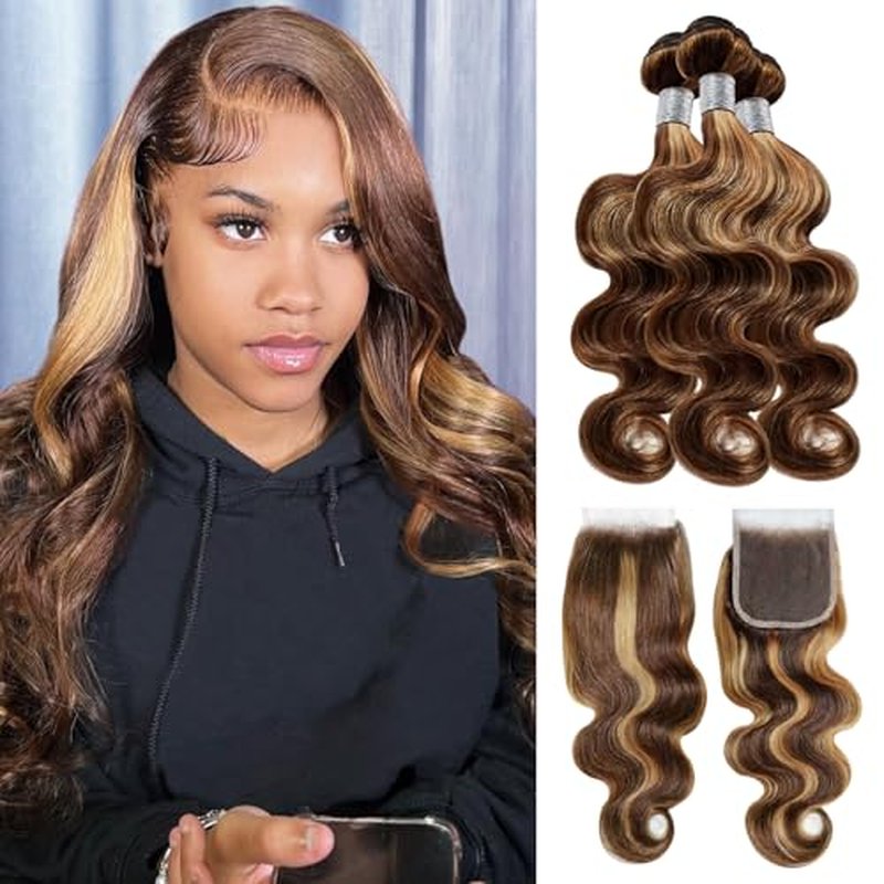 P4/27 Brown Highlight Body Wave Human Hair 3 Bundle with 4x4 Lace Closure,12A Grade Brazilian Remy Hair Ombre Bundles with Free Part 12 14 16+12inch