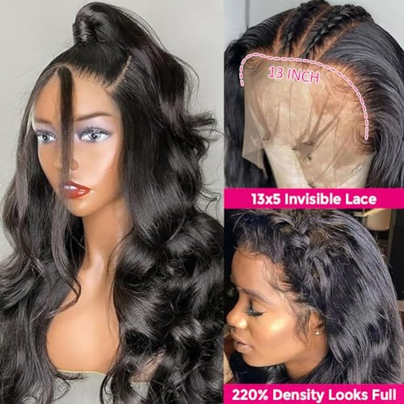 Wingirl 13¡¿5 Lace Front Human Hair Wigs for Women 12A HD Transparent Body Wave Lace Front Wigs Human Hair Pre Plucked Bleached Knots (18 Inch (Pack of 1), 220% 1B# Color)