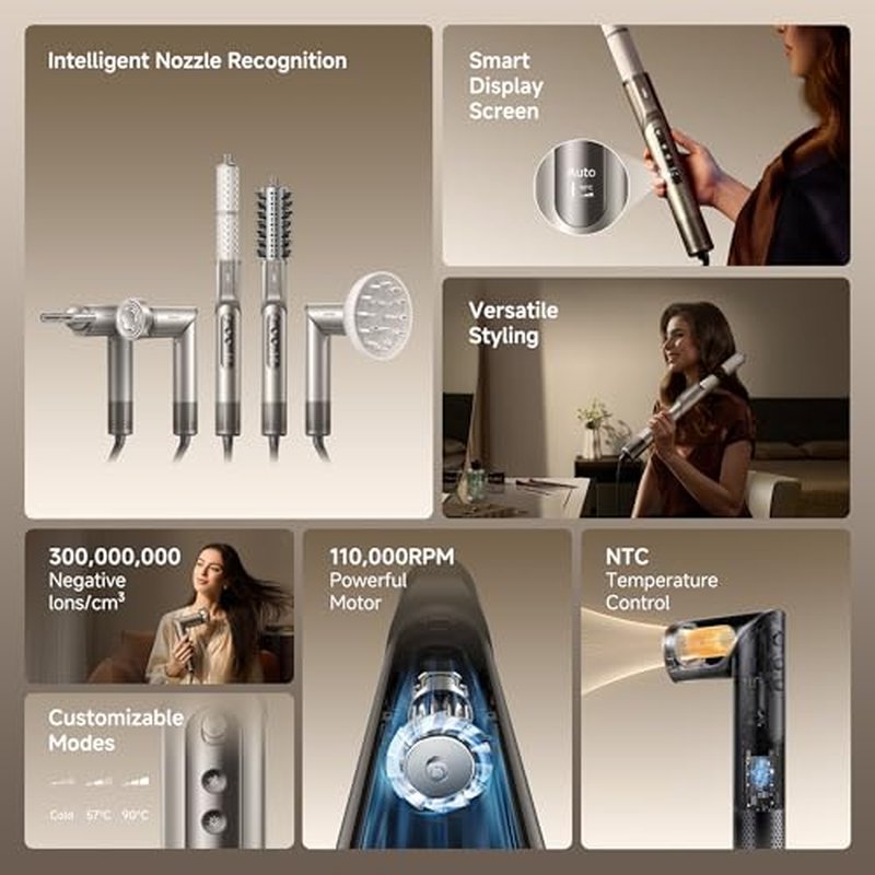 Dreame Dazzle Hair Styler and Dryer- Intelligent Nozzle Recognition, 110,000RPM High-Speed Motor for Fast Drying, 300M Negative Ions, 5 Snap-on Attachments, Smart Screen, 3 Customizable Modes