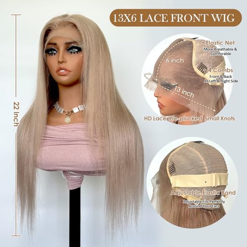 613 Straight Ash Blonde Wig Human Hair, 13x6 HD Lace Front Wigs Human Hair, Glueless & Pre Plucked Human Hair Wig with Baby Hair, 180% Density Ash Blonde Wig (22inch)