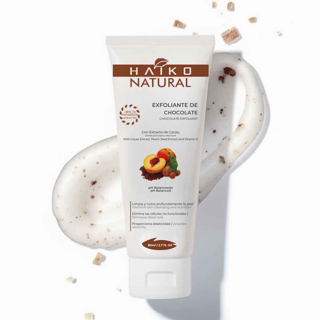 HAIKO NATURAL Chocolate Body Scrub with Cocoa Extract, Peach Seed Powder & Vitamin E. Exfoliates, Nourishes & Revitalizes Skin. Non-Greasy & Paraben-Free - 2.7 FL.OZ / 80g