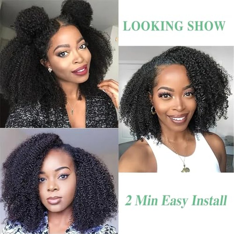 Afro Kinky Curly V Part Wig Human Hair Brazilian Virgin Glueless Wig Human Hair for Black Women Upgrade U Part Wigs Kinky Curly Wigs No Leave Out 200% Density Natural Color 18 Inch