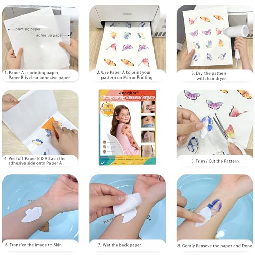 Printable Temporary Tattoo Paper for INKJET Printer, 12-Sets Custom Tattoo Printer Sticker 8.5X11", DIY Personal Clear Transfer Paper for Kids, Family, Christmas, Birthdays, Parties, Festivals