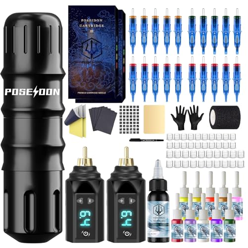 POSEIDON Tattoo Pen Kit Tattoo Gun Kit with 2Pcs Tattoo Batteries Tattoo Machine Kit with 11 Tattoo Inks 20pcs Tattoo Cartridge Needles for Beginers and Artists
