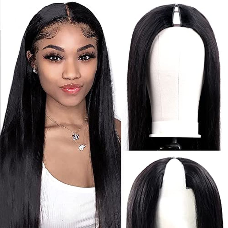 V Part Wigs Straight Brazilian Virgin Human Hair Wigs for Black Women Upgrade U Part Wig Glueless Full Head Clip In Half Wig V Shape Wig No Leave Out 180% Density Natural Color 20"