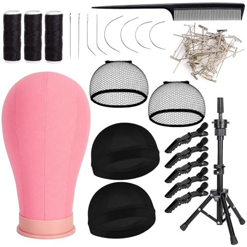 22 Inch Pink Canvas Wig Head with Stand Cork Canvas Mannequin Head with Wig Head Stand Manikin Head Block Set for Wigs Trimming Making Display with T Pins Set