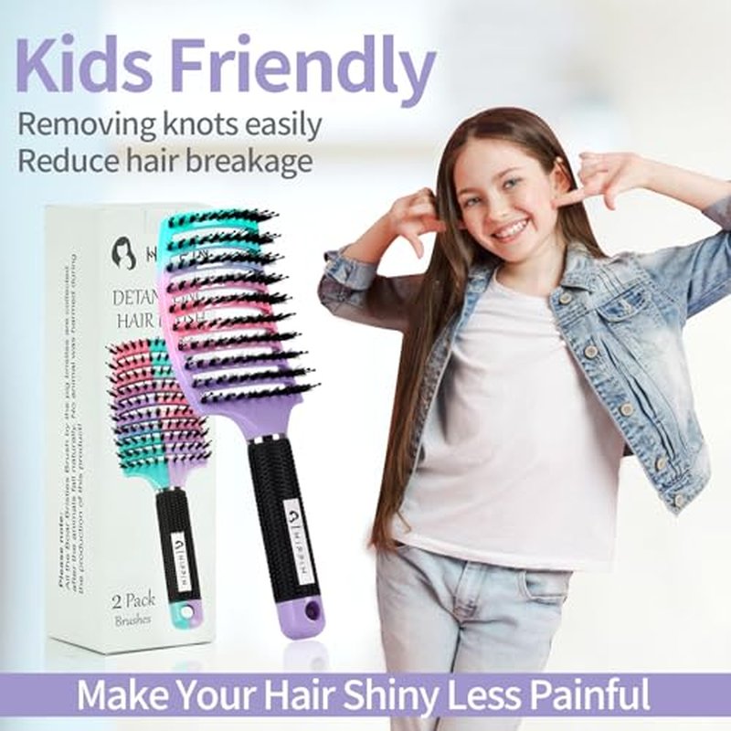 Hair Brushes for Women 2 Pack, HIPPIH Detangler Hair brush for Adult & Kids¡¯ Wet or Dry Hair, Boar Bristle Hair Brush Getting Knots Out without Pain Adds Shine and Makes Hair Smooth