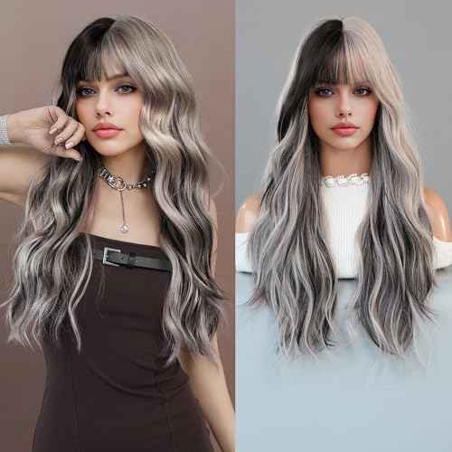 PARK YUN 27 Inch Long Wavy Synthetic Wig with Bangs Silver Grey Half Black Ombre Highlight Heat Resistant Glueless Natural Looking Wigs for Women Daily Party Halloween Christmas Cosplay Travel