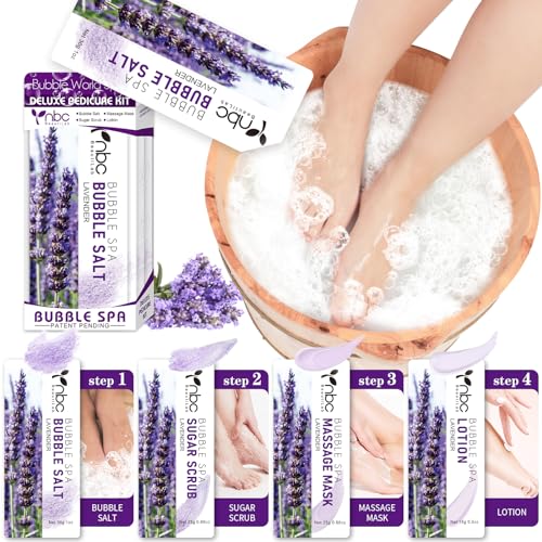 Pedicure Kit Foot Soak Set: Bubble Salt, Sugar Scrub, Massage Mask, Massage Lotion in a Box, 4 Step Foot Spa Kit for Dry Feet,Tired Feet£¨1 Set Lavender)