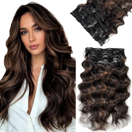Curly Clip in Hair Extensions Seamless Clip in Hair Extensions Remy Human Hair Ombre Natural Black to Chestnut Brown Hair Extensions Invisible PU Skin Weft Soft Natural Clip ins£¨20in£©