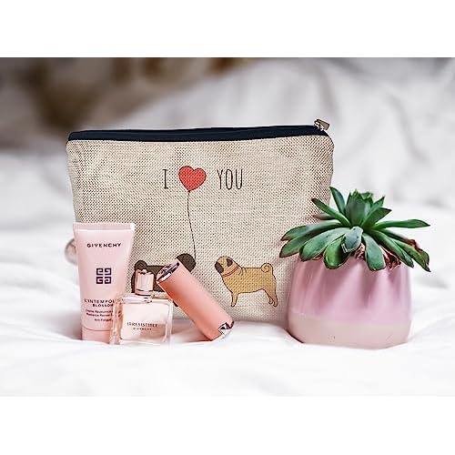 Ayxvt Cute Dog Couple Decorative Women's Makeup Bag, Zipper Pouch Travel Toiletry for Pug Lovers